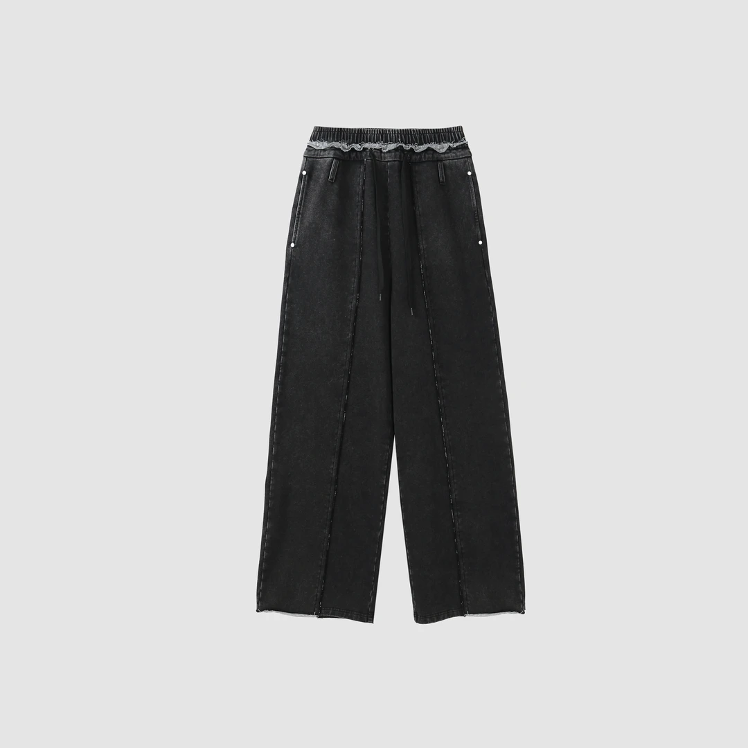 喜发发studio 黑色万针刺绣宽松低腰卫裤 6225