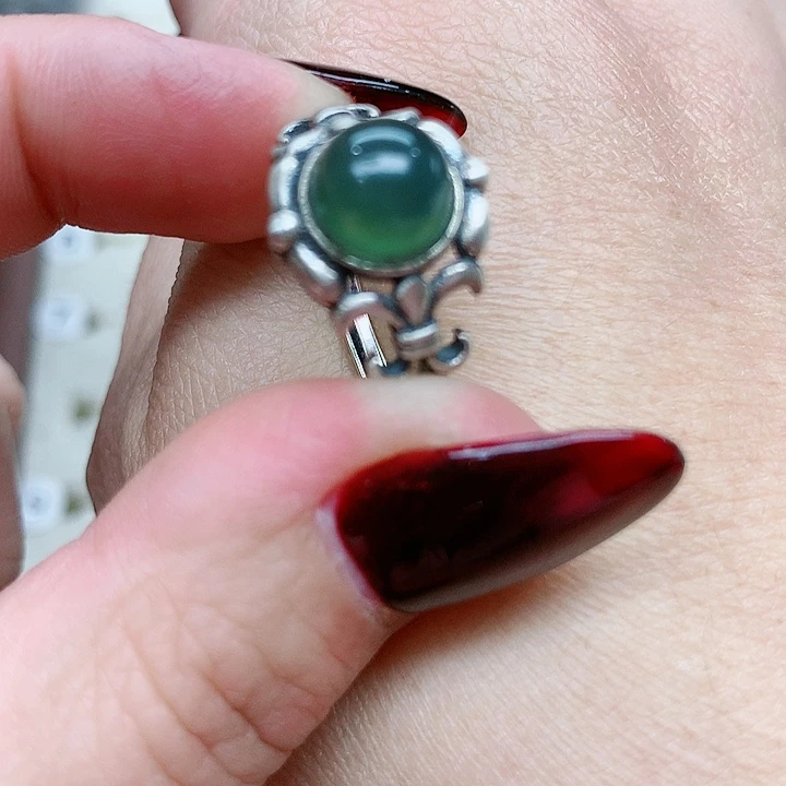 蛇纹石玉戒指银S925镶嵌半**提