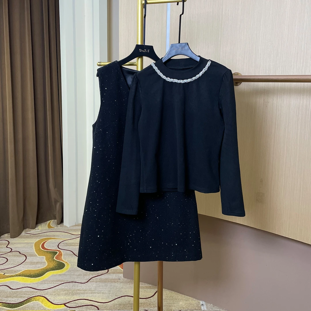 奢姿大码女装2025冬季减龄链条钉珠半高领两件套胖妹妹时尚套装