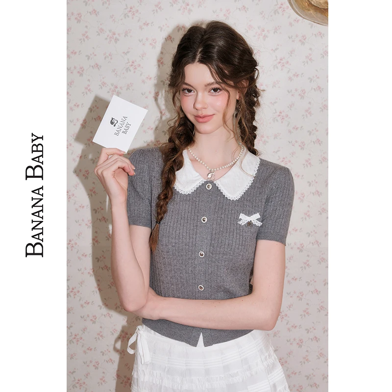 【程钱钱】BananaBaby少女感撞色娃娃领蝴蝶针织上衣D252MY048