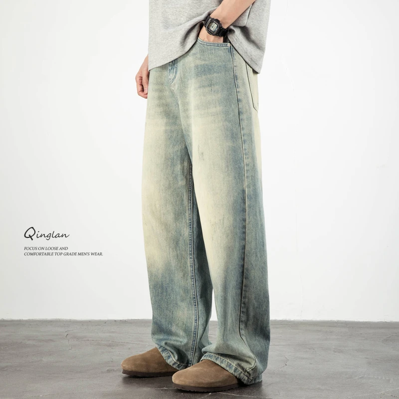 阔腿牛仔裤男宽松直筒美式复古休闲大码浅色水洗oversize裤子春季