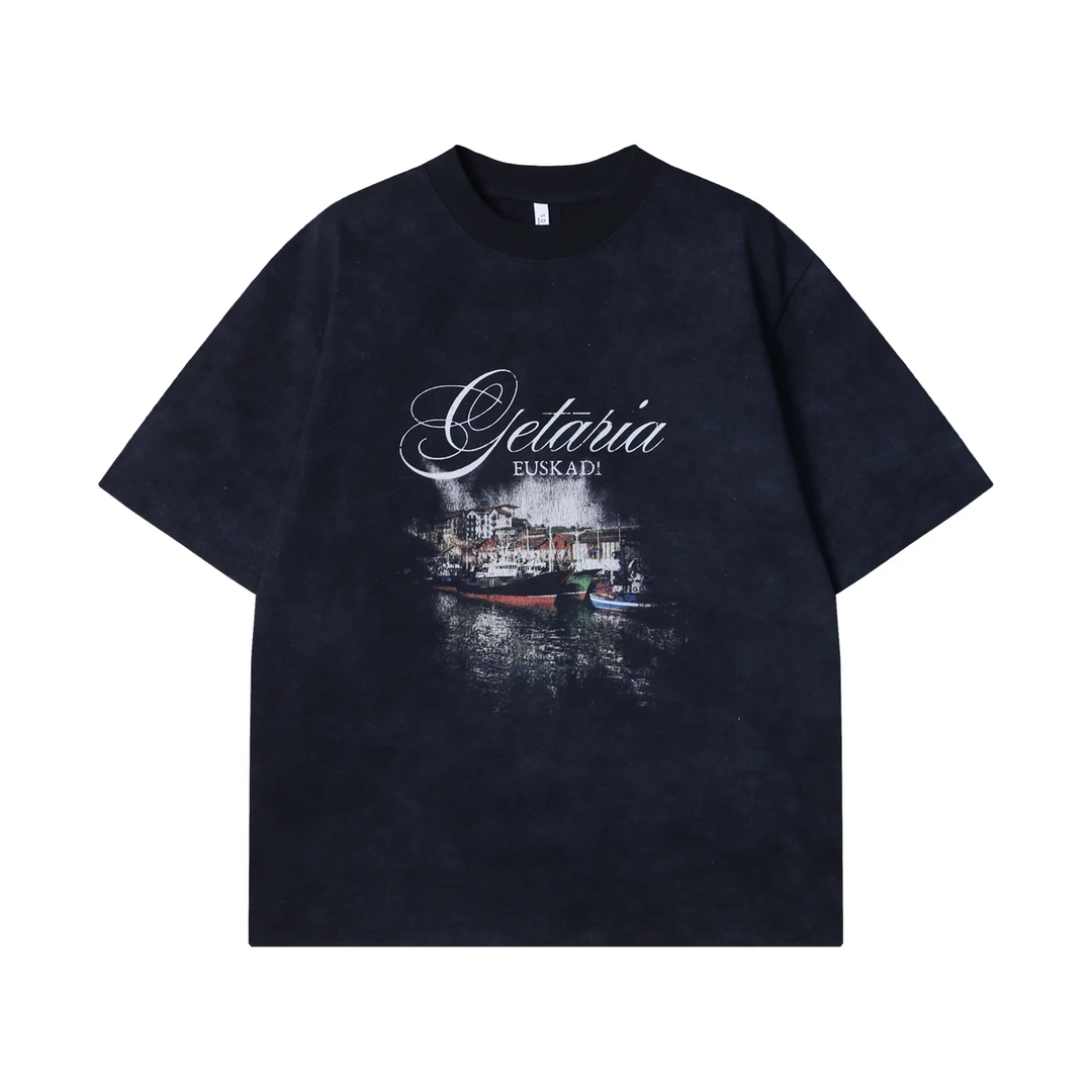 夏季高级感新款巴黎风帆船夜景印花水洗做旧短袖T恤男女同款