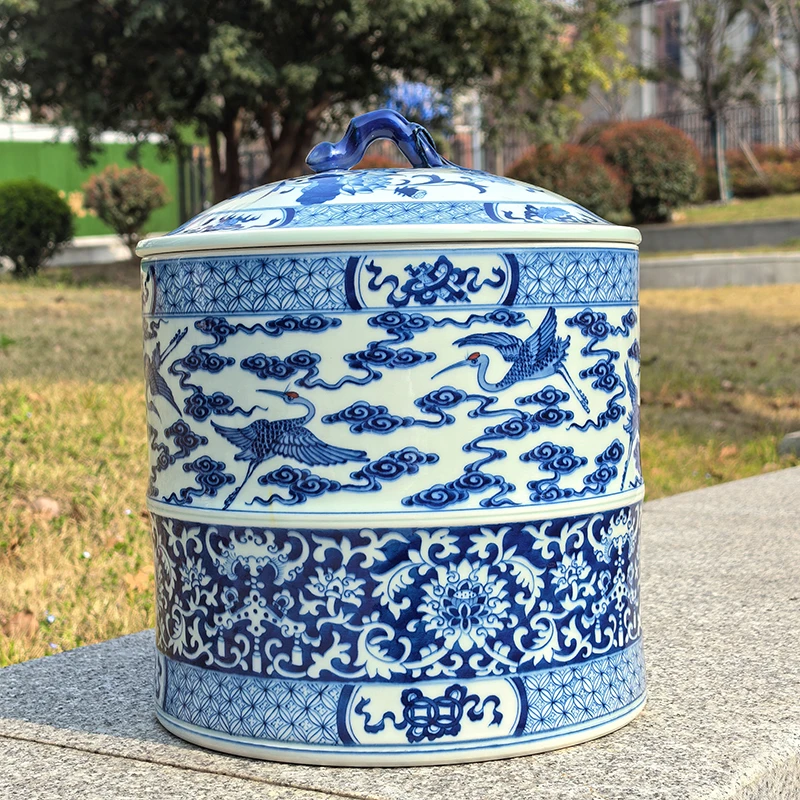 当代 景德镇 赏瓷楼珏窑青花仙鹤祥云纹茶叶罐 手工手绘陶瓷茶具