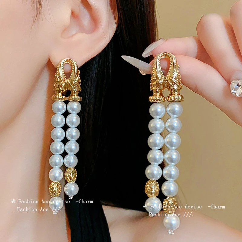 合金仿珍珠耳饰 中古双排长款流苏耳坠女轻奢高级感耳环夸张耳饰