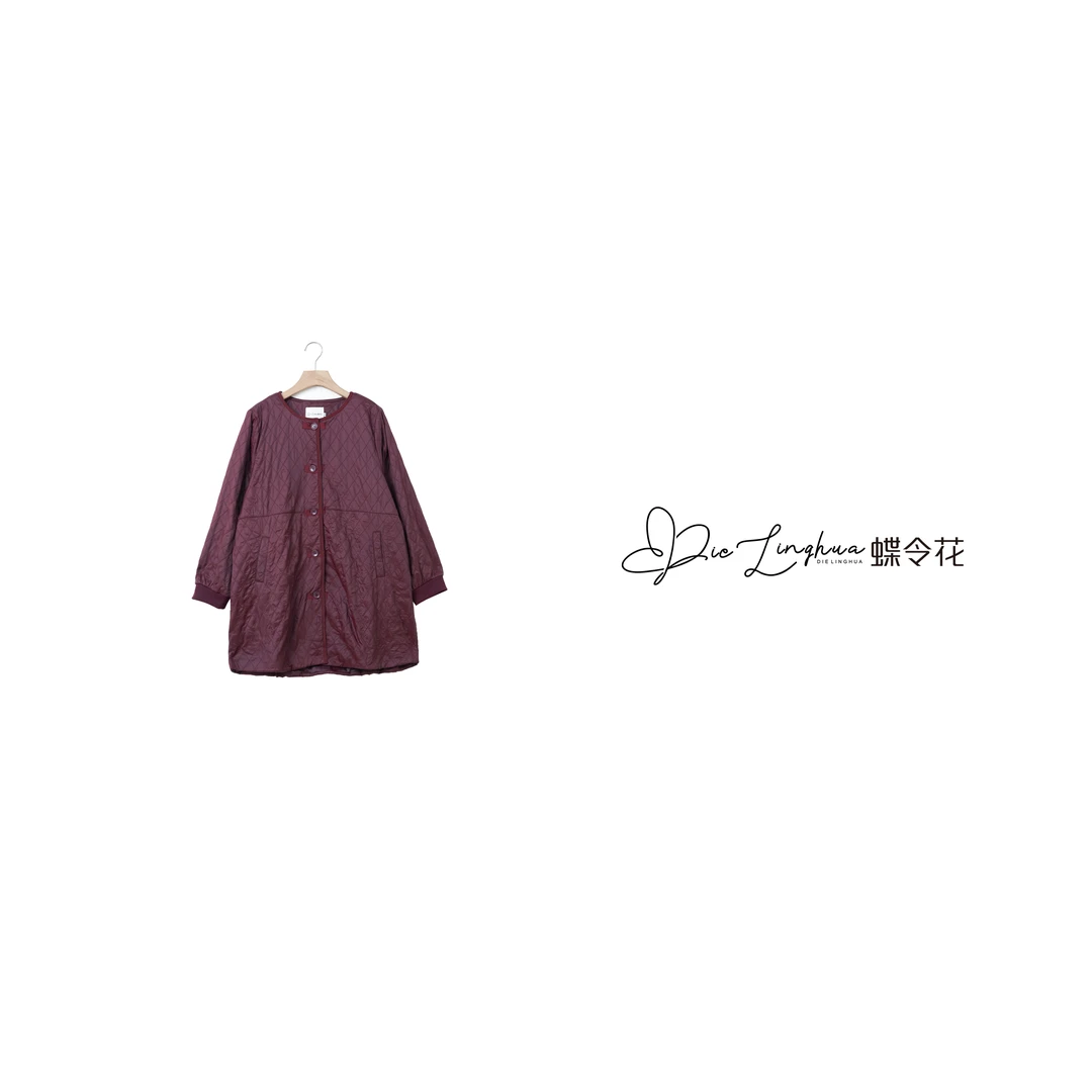 蝶令花春季欧若风休闲时尚宽松气质圆领长袖中长款棉服241227