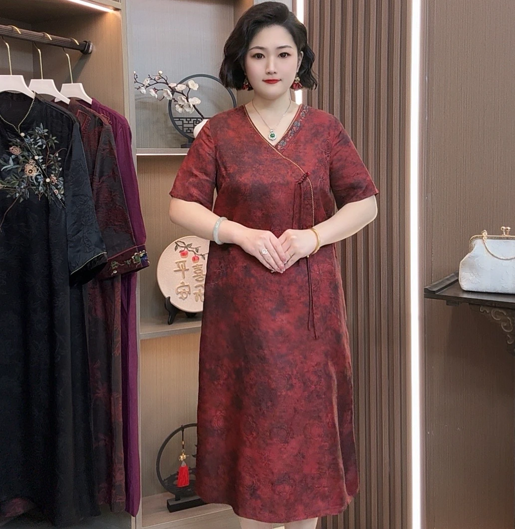 【觉夏】2025新款高端重磅时尚素雅新中式风格印花遮肉显瘦连衣裙