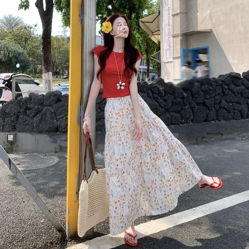 实拍温柔风彩色花卉碎花半身裙小清新显瘦a字裙设计感小众长裙子