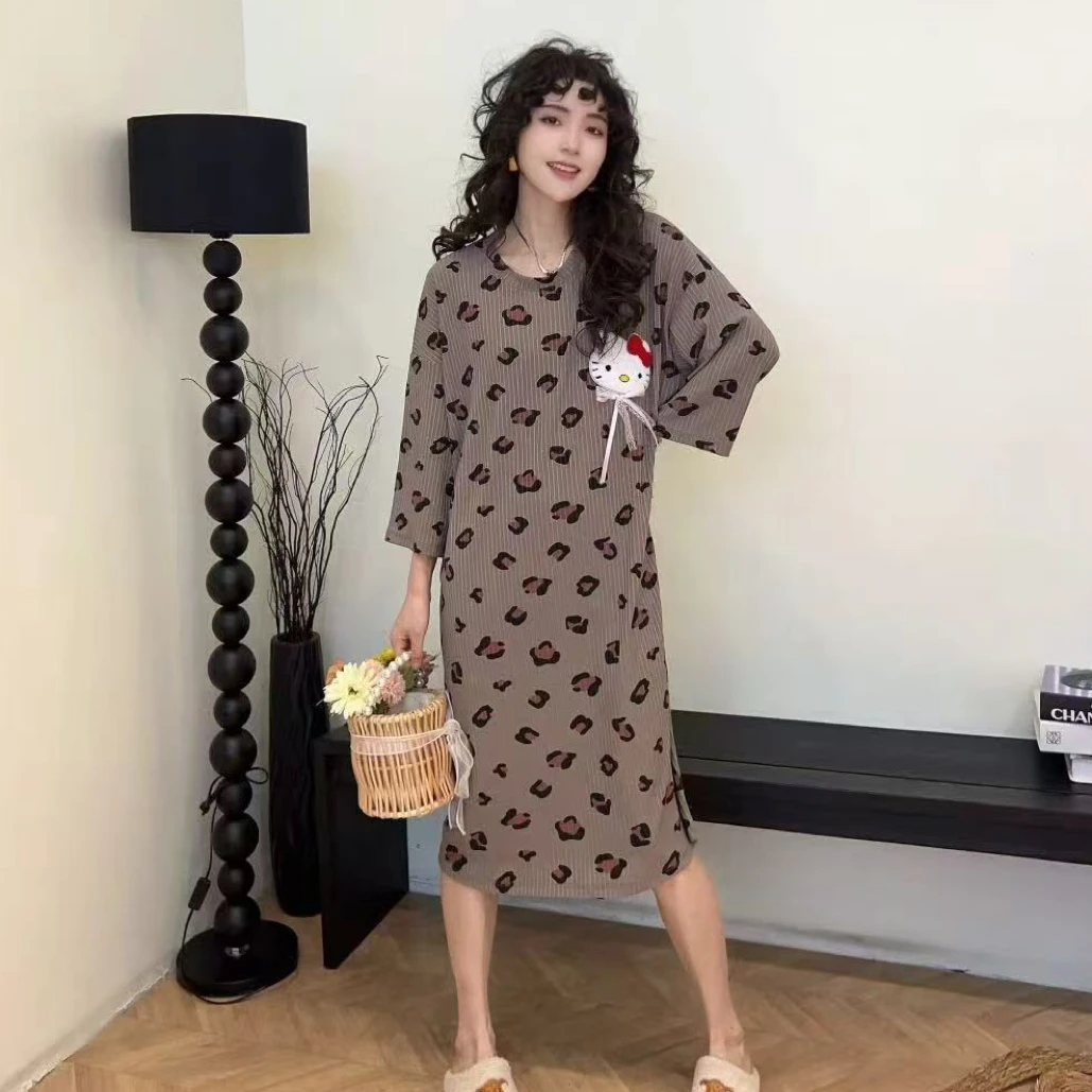 六分袖豹纹猫家居睡裙