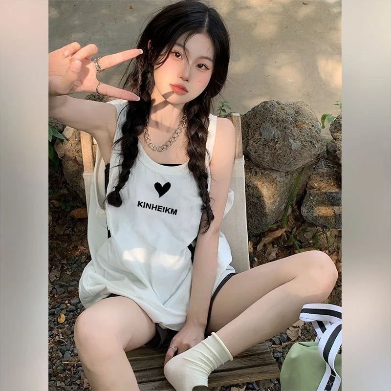 纯棉吊带运动坎肩背心无袖t恤女夏字母印花白色球服宽松辣妹上衣