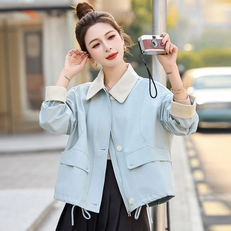 休闲拼色翻领外套女2025春秋新款时尚宽松气质减龄小个子短款上衣