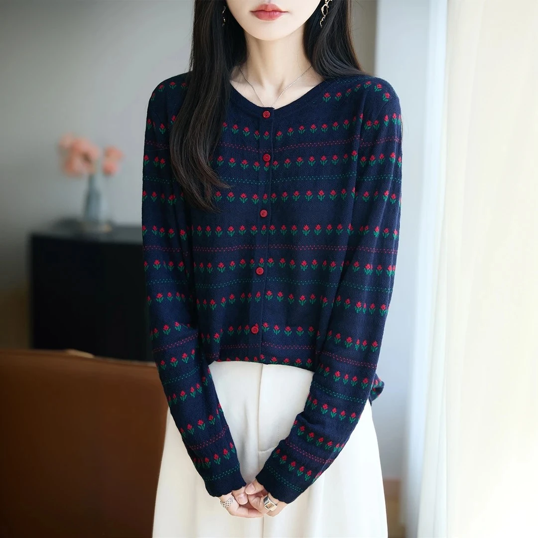 圆领提花正品小花韩系2025早秋新款外套针织开衫女百搭女减龄毛衣