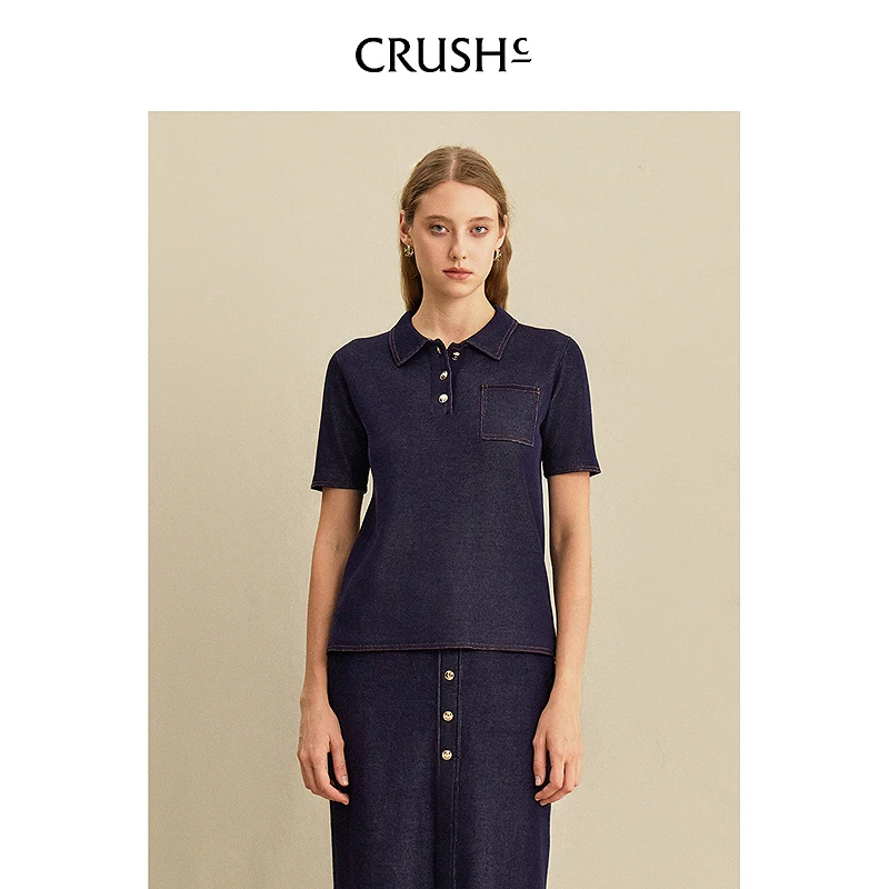 Crush Collection2025年早秋新款经典牛仔polo领短袖半开襟上衣女