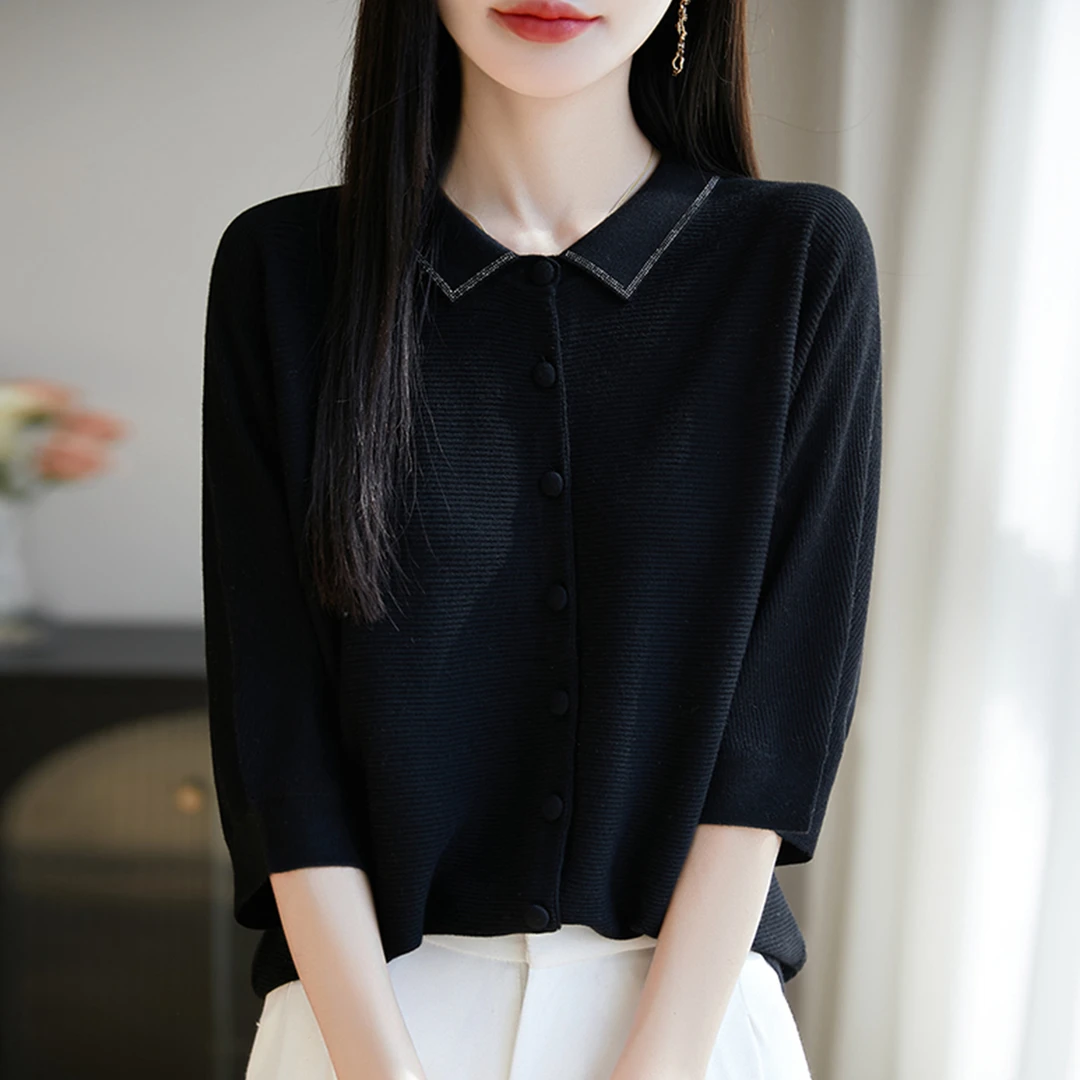 微胖mm夏装大码冰丝针织衫女士七分袖t恤遮肚子巨显瘦polo领上衣