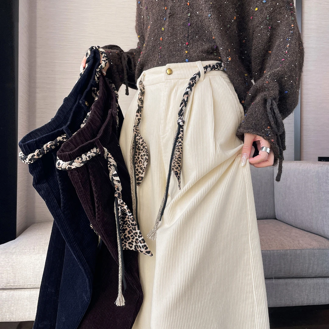 灯芯绒阔腿裤女秋冬2025新款高腰垂感显瘦小个子八分直筒休闲裤子