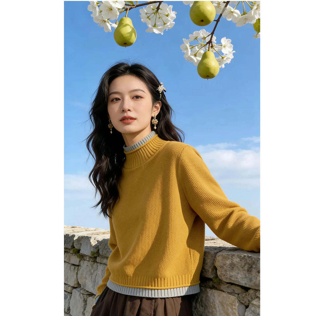 黄色慵懒风宽松显瘦长袖针织衫毛衣女2025秋冬新款内搭打底衫上衣