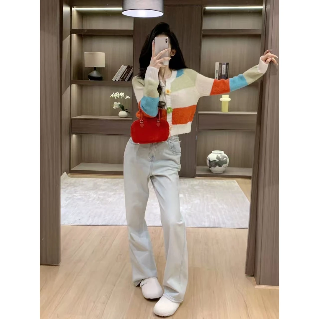 针织开衫女毛衣小个子减龄短款花朵设计感慵懒早秋上衣裤子套装