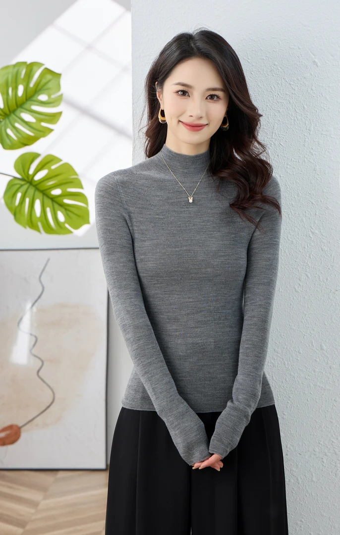 新款杨子纱进口岛精18针一线成衣半高领薄款打底衫修身长袖025款