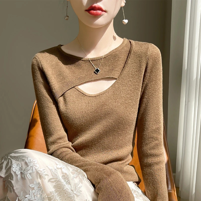 哥弟阿玛施正品韩版洋气内搭外穿镂空圆领针织打底衫春秋内搭上衣