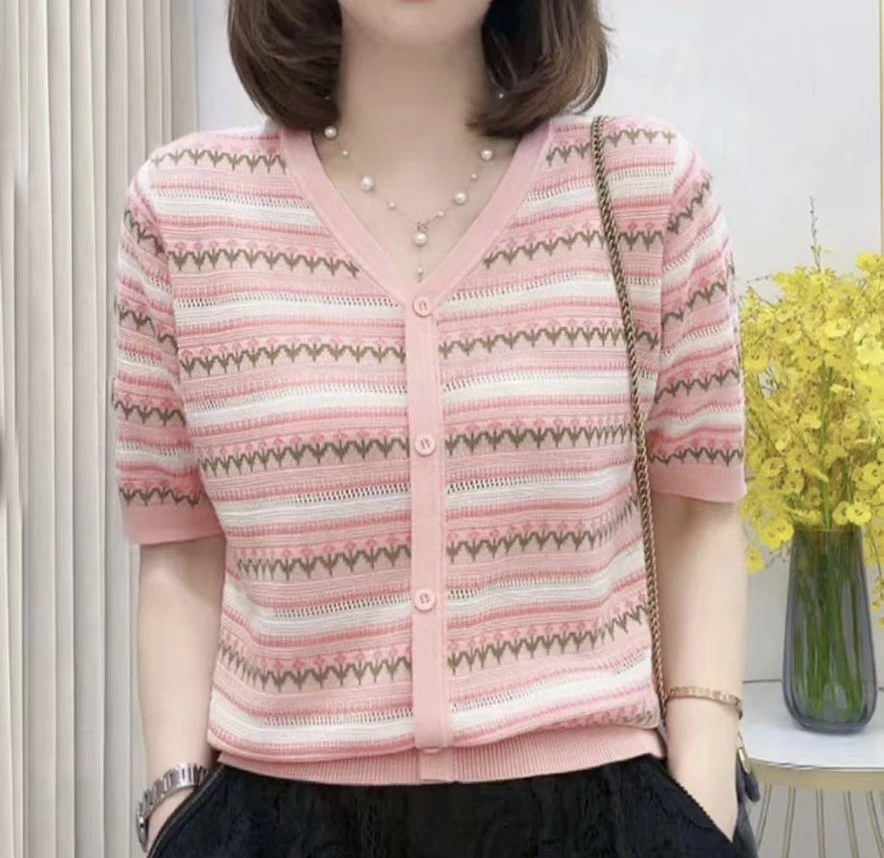 初夏条纹薄款镂空针织开衫短袖t恤百搭显瘦撞色小香风半袖上衣女