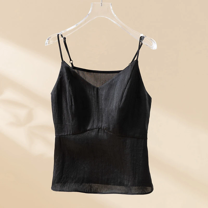 齐黛品牌香云纱上衣女2025春夏新款V领新中式背心吊带真丝小衫