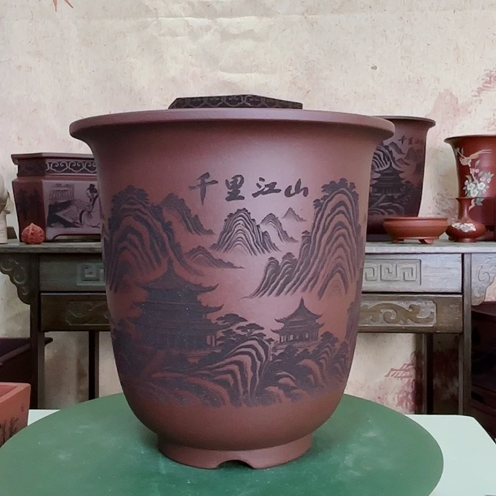 紫砂花盆刻绘千里江山