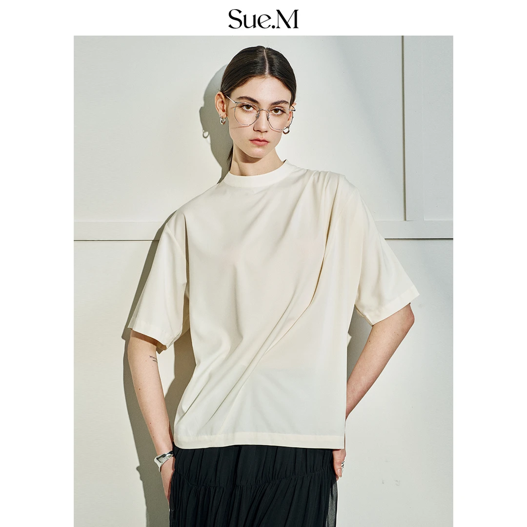 Sue.m不对称褶皱圆领桑蚕丝衬衫 2025新款一片式宽松T恤女士