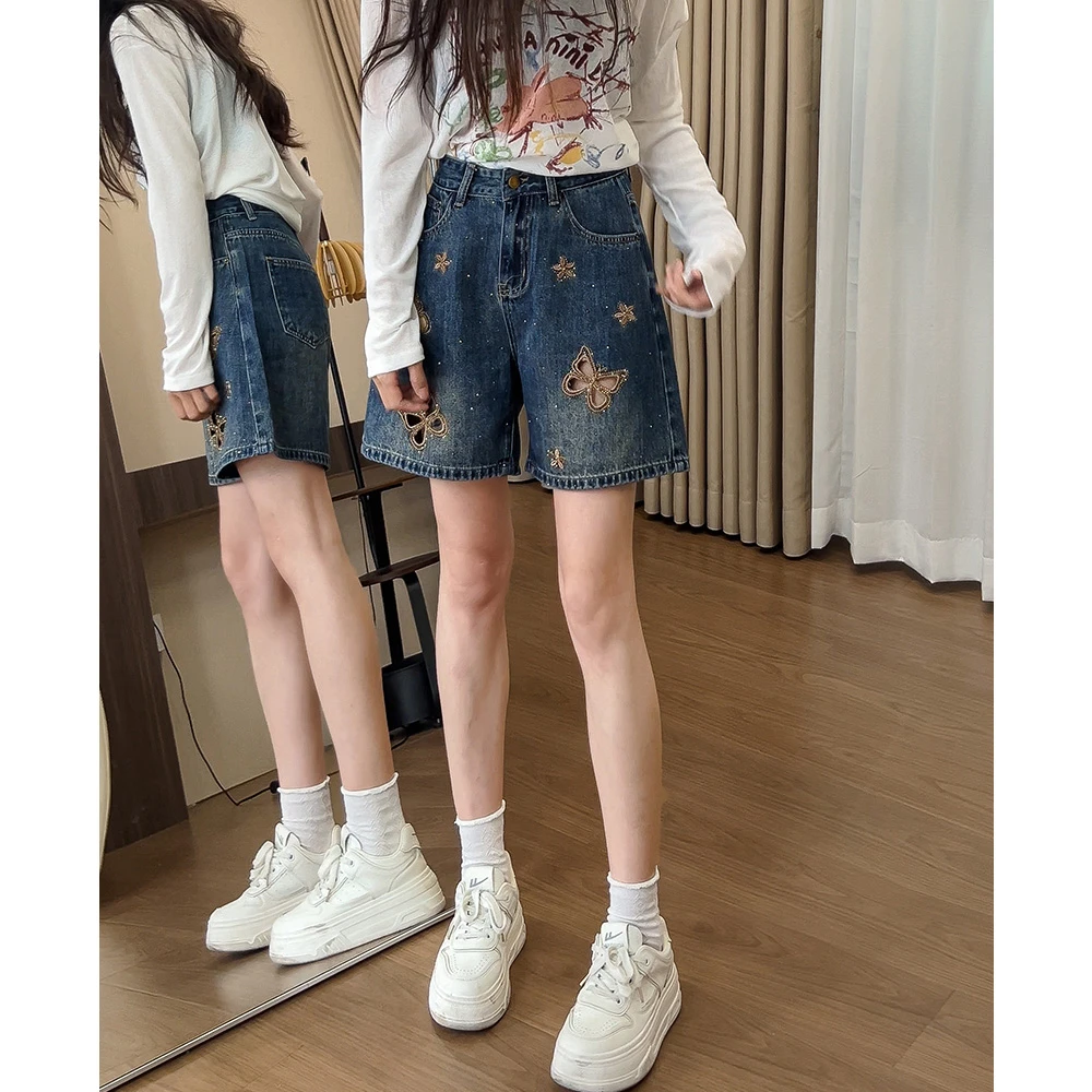 0678夏季薄款高腰镂空刺绣烫钻牛仔短裤女宽松显瘦直筒中裤五分裤