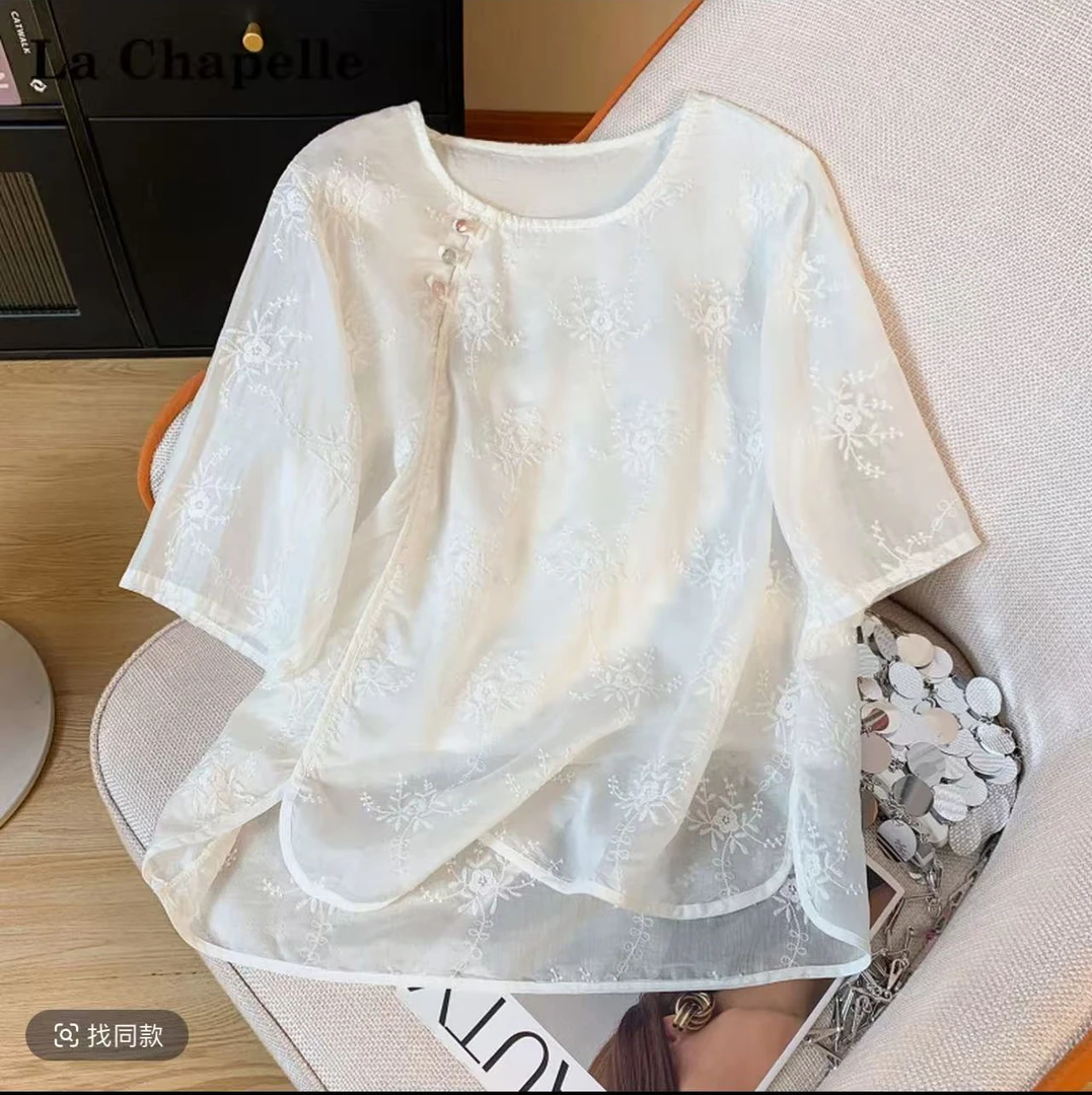 双层棉刺绣小衫薄款夏季时尚中国风短袖复古圆领显瘦T恤包边上衣