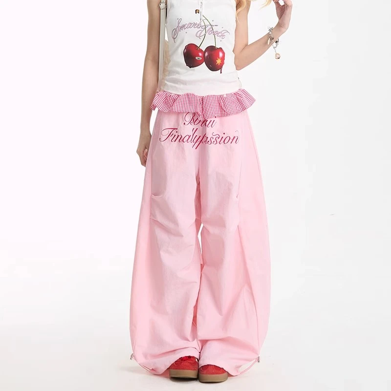 美式复古刺绣拼接工装裤女辣妹街舞弯刀裤格纹花边显瘦休闲阔腿裤