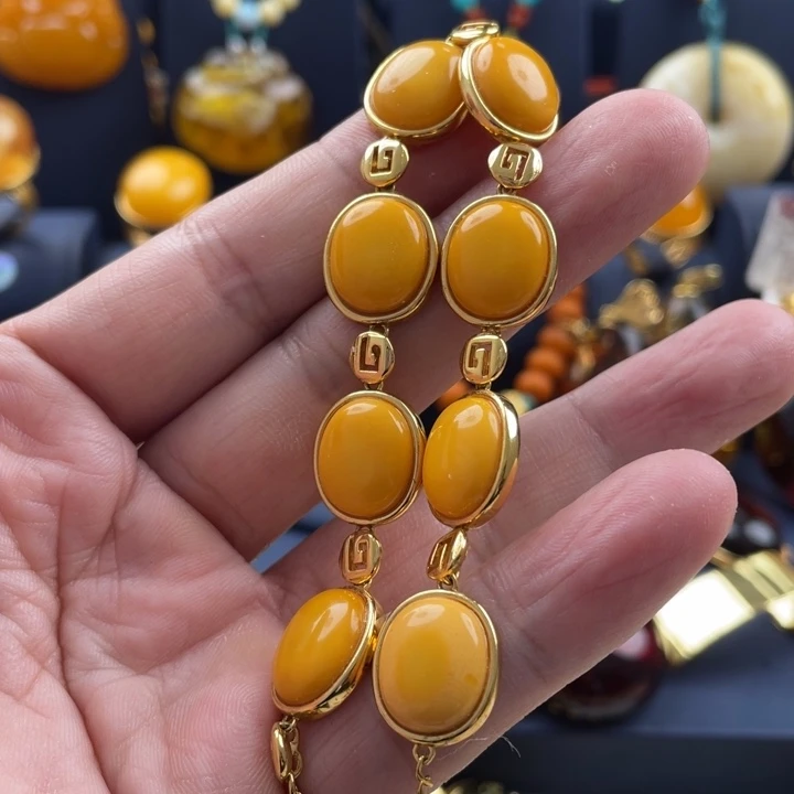 蜜蜡手链银S925镀金镶嵌西**珠