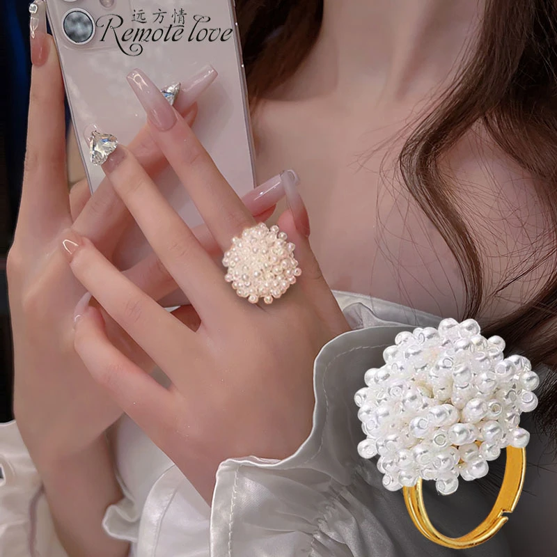 remote love/远方情 合金仿珍珠戒指 复古仿珍珠花开口戒指女J299