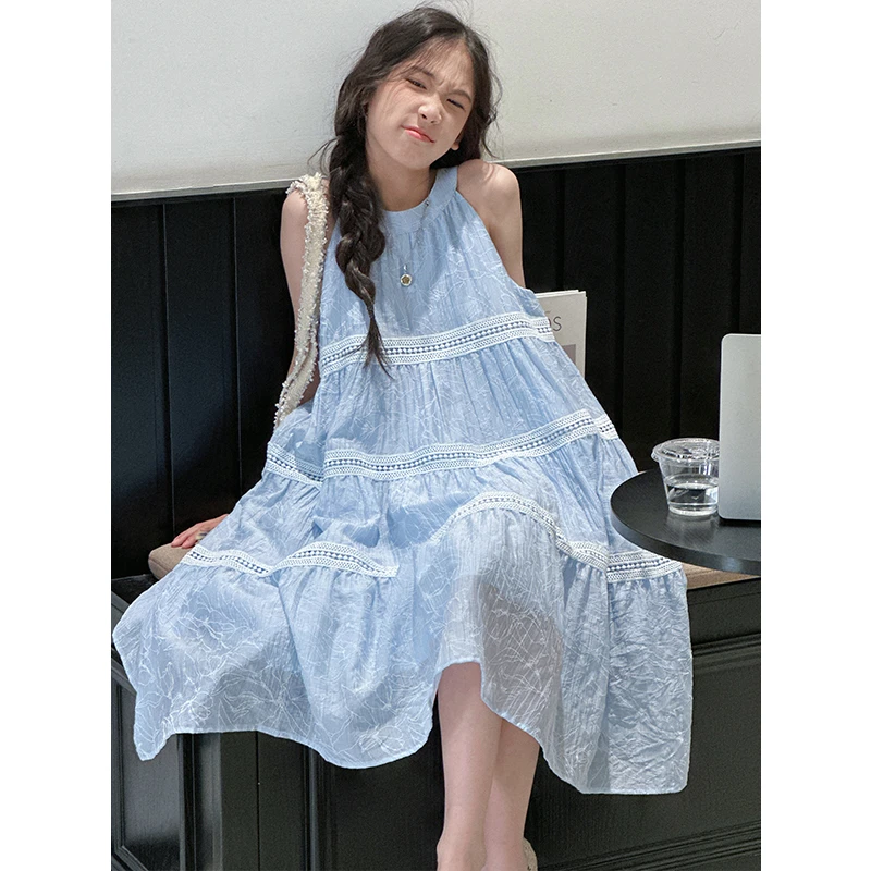 K29260蕾丝拼接女童连衣裙2025新款夏装儿童休闲气质裙子背心裙潮