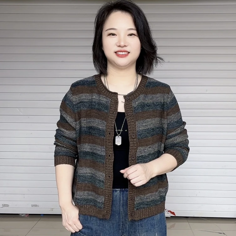 花线针织长袖圆领冬季毛针织衫春秋装开衫毛衣