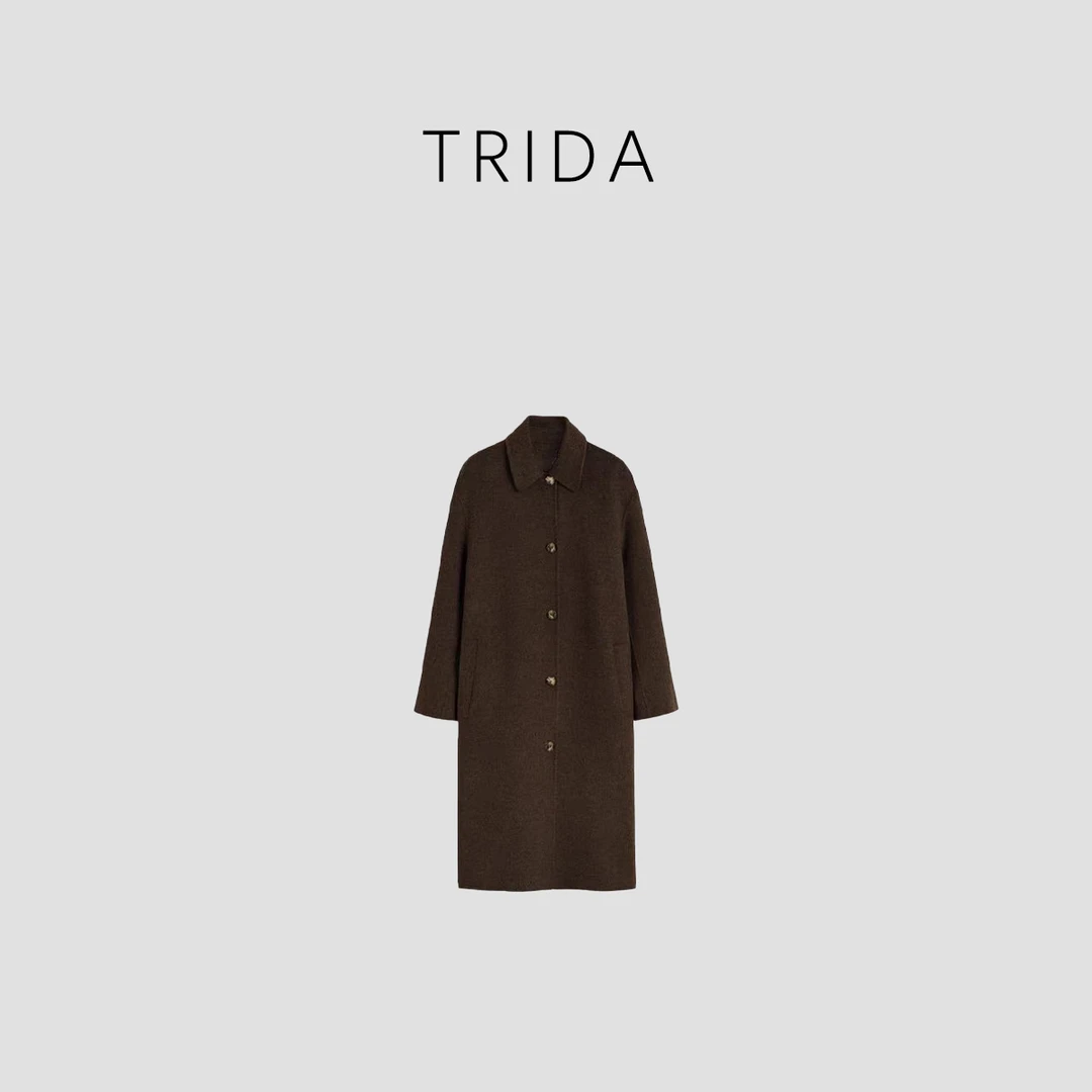 【九妹极简】女士深咖色简约翻领长袖中长款毛呢长大衣外套5025NY