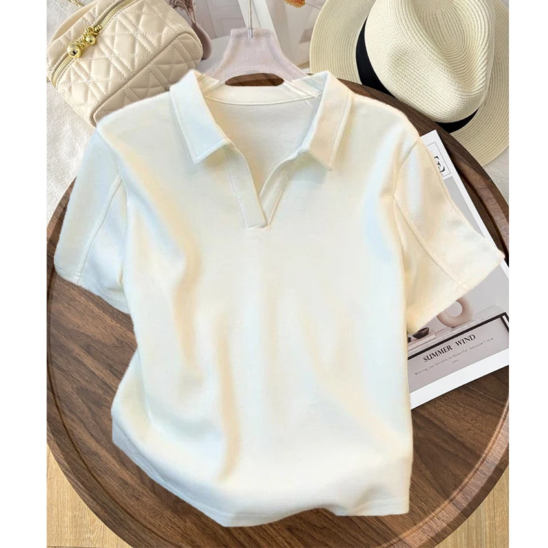 大码胖mm200斤减龄气质V领显瘦polo衫女夏季ins慵懒风休闲短袖t恤
