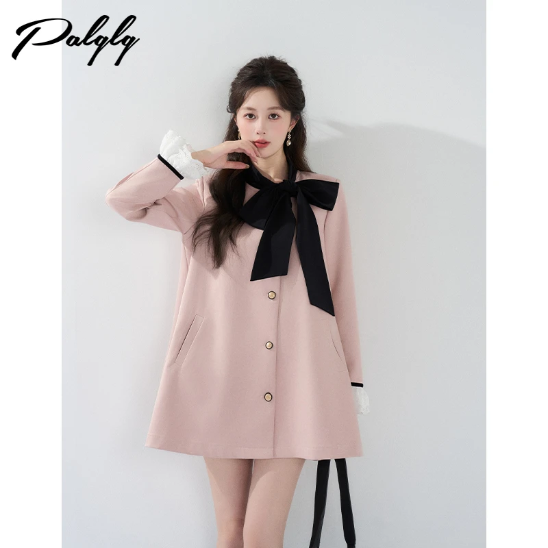 Palglg甜美粉色中长款秋宽松法式复古高级感大衣53PWE44324