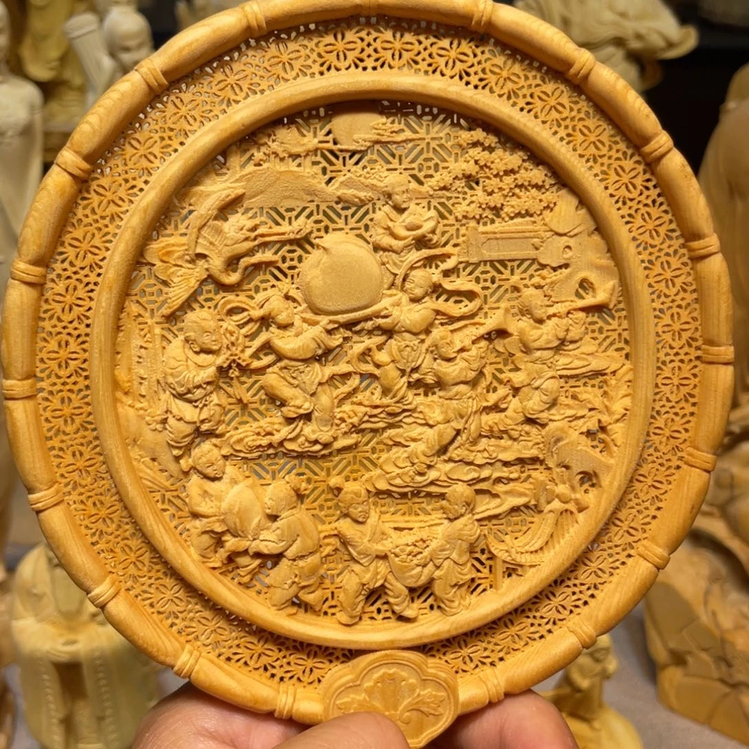 黄杨木百子图扇子