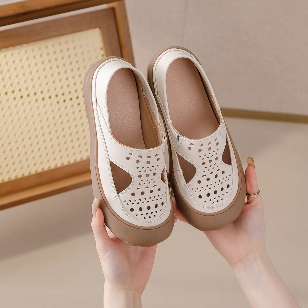 夏季包头休闲透气中老年圆头舒适民族风镂空软底软面洞洞鞋