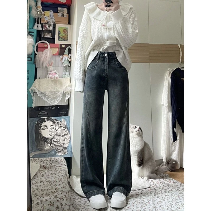 300斤特大码复古直筒牛仔裤女秋季胖mm梨型身材高腰显瘦阔腿裤子