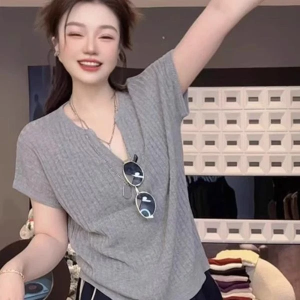 夏季女时尚欧货慵懒风宽松短袖T恤亲肤上衣潮宽松显瘦冰丝针织衫