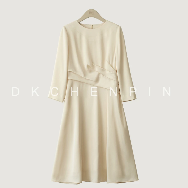 【达人专享】高定醋酸混纺 法式船领 立裁捏褶 长袖连