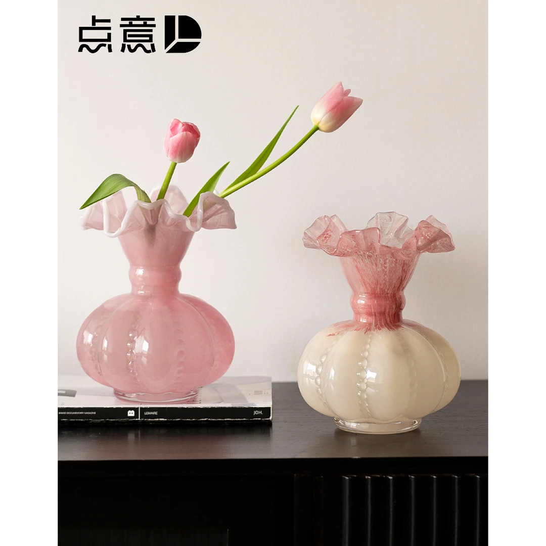 中古Ins风芬顿Vintage琉璃花瓶复古郁金香法式温柔粉糖果色南瓜瓶