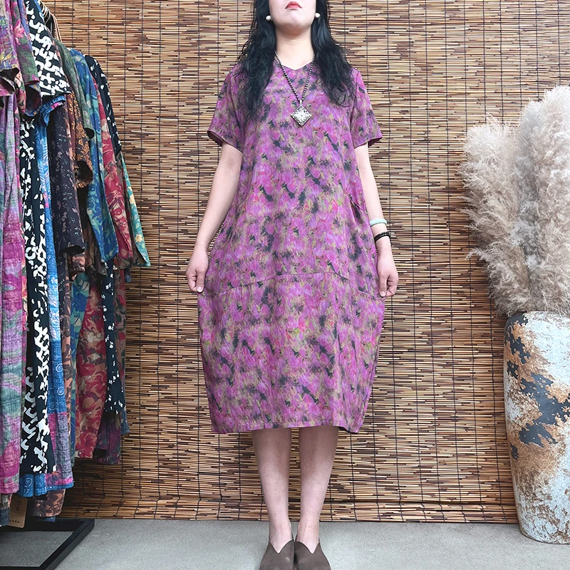 2839#夏季复古文艺时尚大码妈妈装气质显瘦印花中长款茧型连衣裙