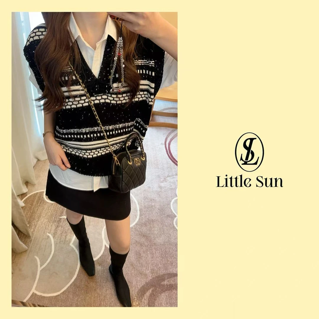 Little Sun「繁星马甲」韩系秋季V领豹纹针织马甲 XTY-32LN25549