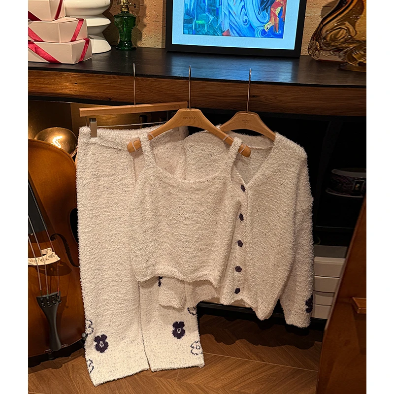 米诗缇【袖口花朵三件套紫色】小众设计师可外穿潮牌长袖长裤家居服