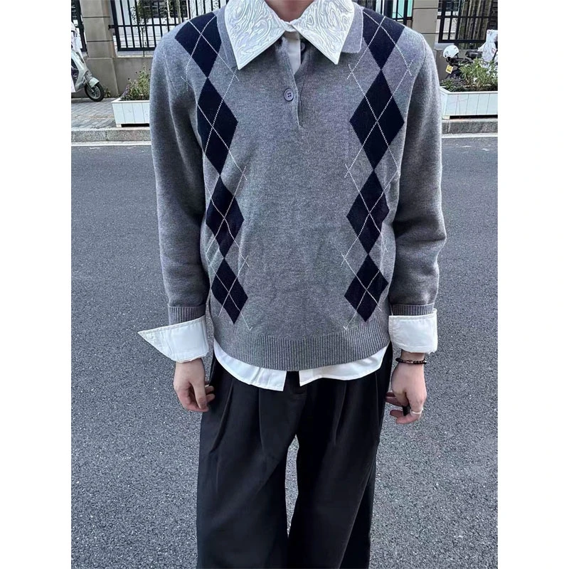 美式复古菱格提花polo领针织衫男款秋季慵懒高级感学院风翻领毛衣