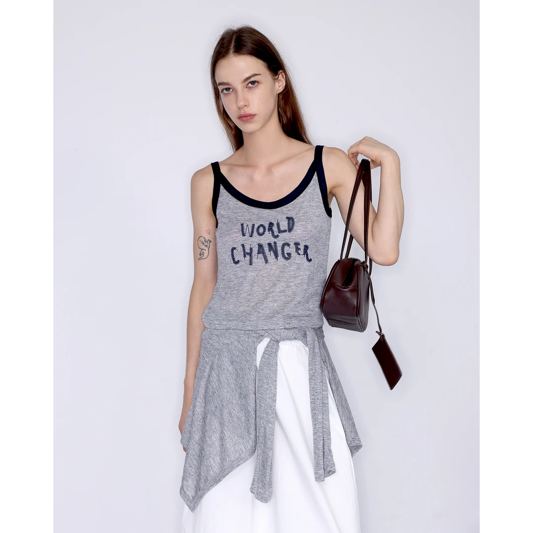 JDE 灰色字母刺绣吊带背心女夏显瘦叠穿宽松长袖开衫上衣两件套装