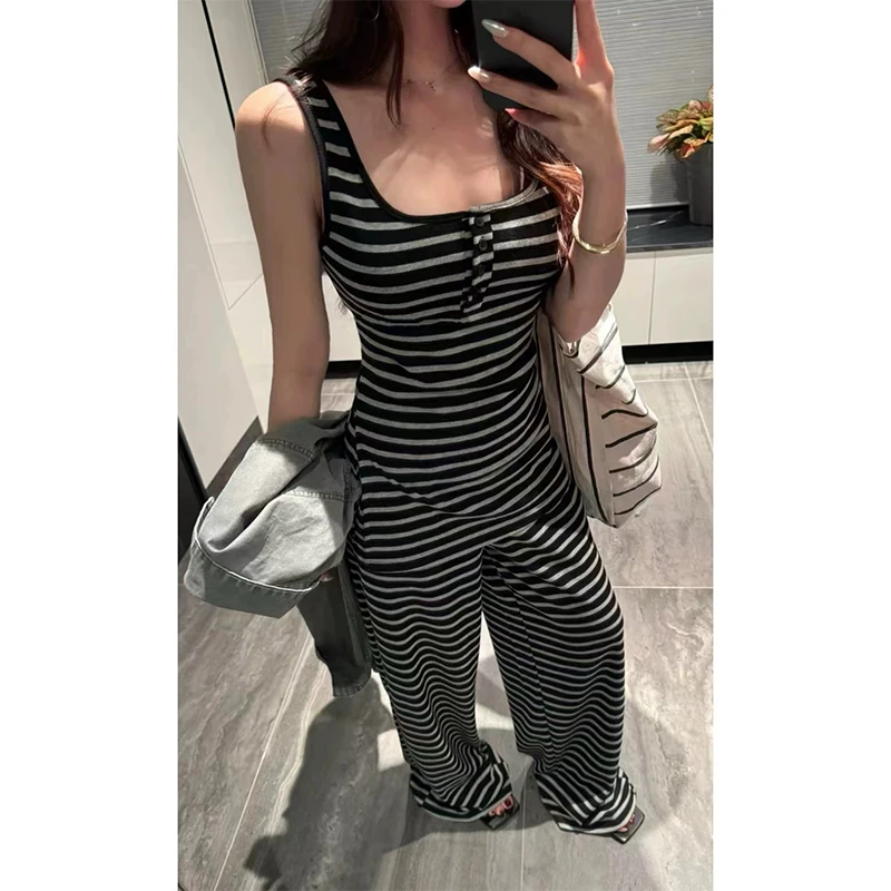 早春夏新款条纹套装女减龄百搭小背心+松紧裤休闲小清新时尚显瘦