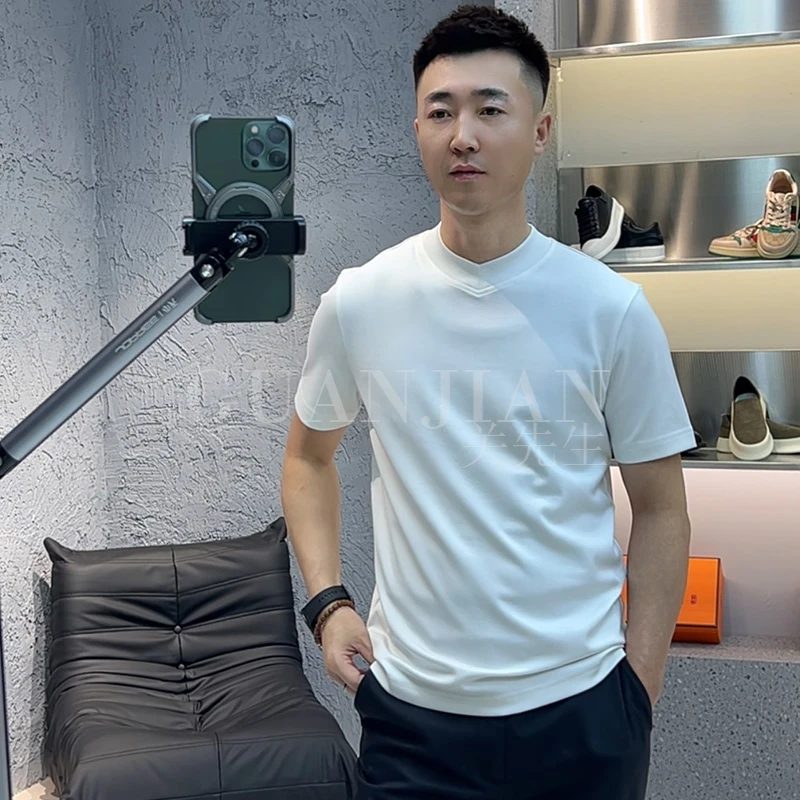关先生男装-蓝晶莫代尔2024秋冬新款男士纯色短袖小V领净版男装