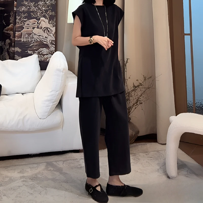 韩系休闲时尚马甲套装女夏开叉无袖宽松上韩系早秋韩系女马甲套装